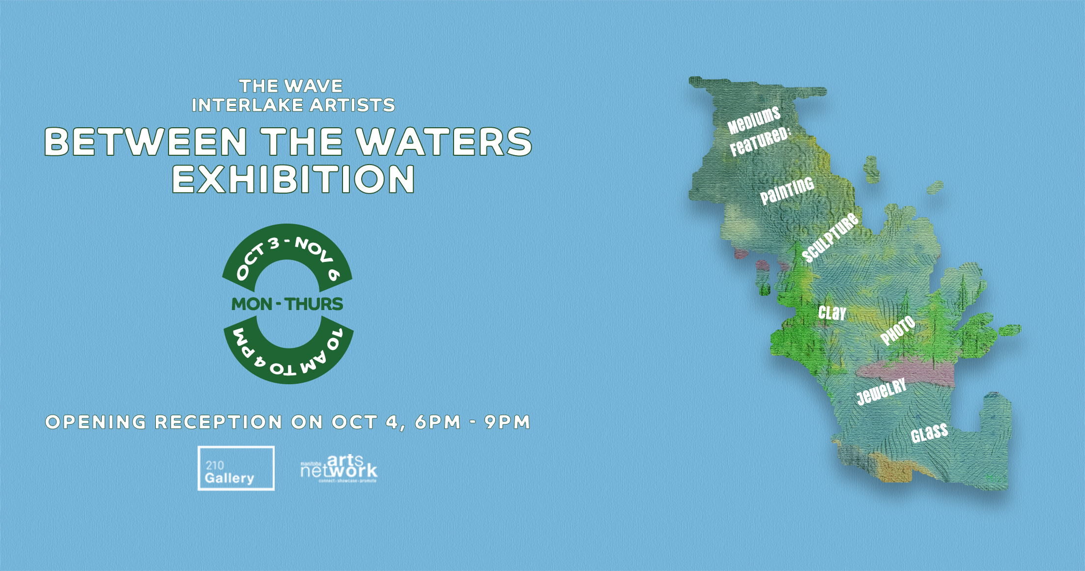 A map showing the Interlake region with the mediums featured in the Between the Waters Exhibition by the WAVE Interlake Artists